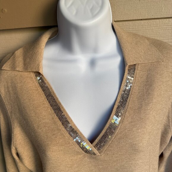 Calvin Klein NWT Women's Tan V-Neck Polo Sweater Sequin Trim Collared | Size S - Picture 3 of 11